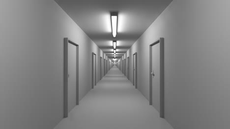 Endloser-Weißer-Korridor-Mit-Türen,-Nahtlose-Schleife-4k